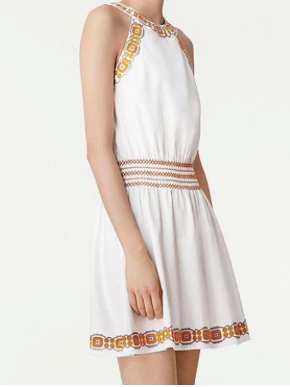 TORY BURCH white high neck shirred waist mini dress sz M